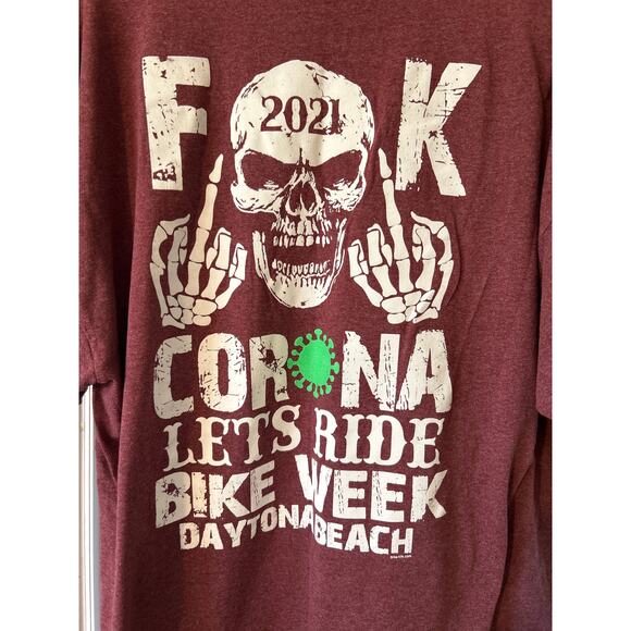 F Corona Let's Ride Bike Week 2021 Jerzeees Dri Power TShirt Skull 2XL Burgandy - Picture 2 of 5